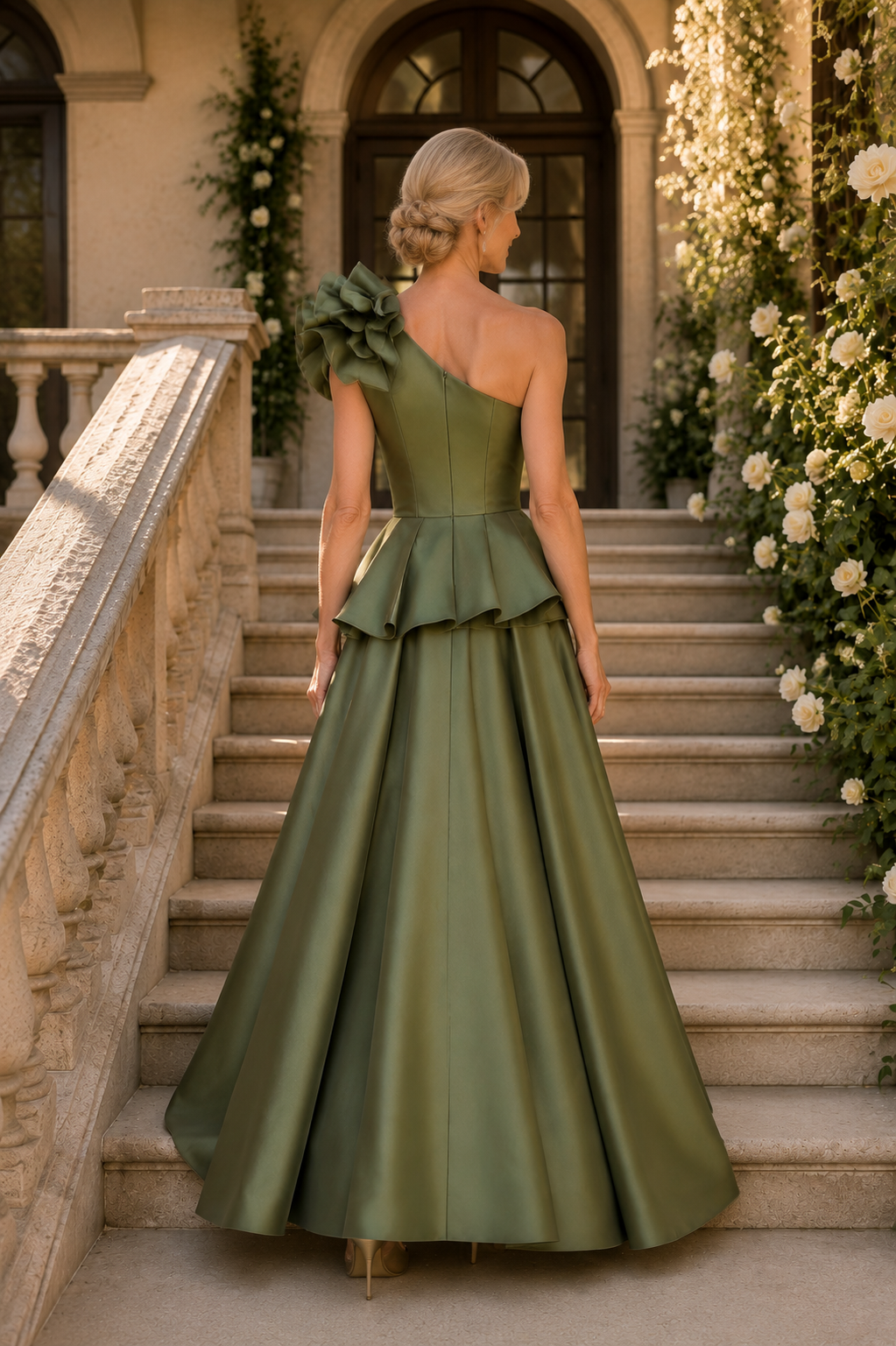 Einarmiges Peplum A-Linien Satin-Kleid