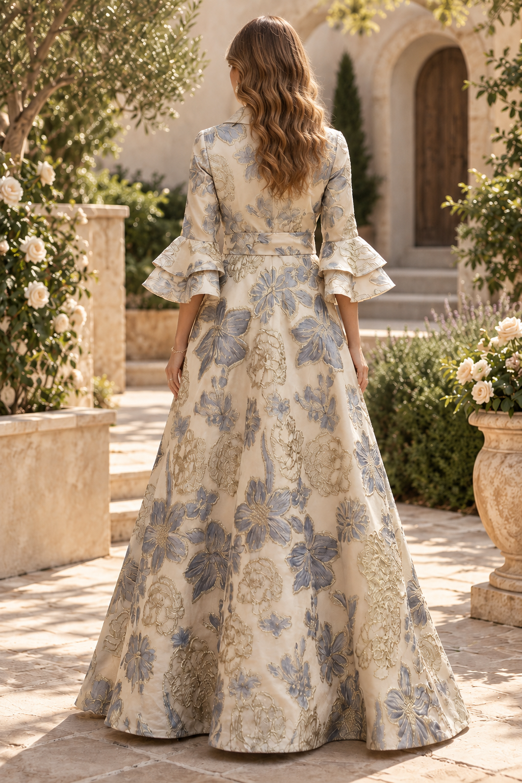 Floral Jacquard A-Line Gown with Tiered Bell Sleeves