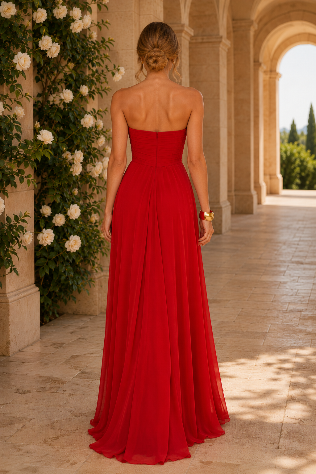 Trägerloses, drapiertes Chiffonkleid mit 3D-Blüten-Oberteil