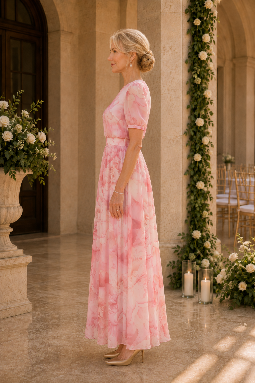Geblümtes A-Linien Maxikleid mit Puffärmeln