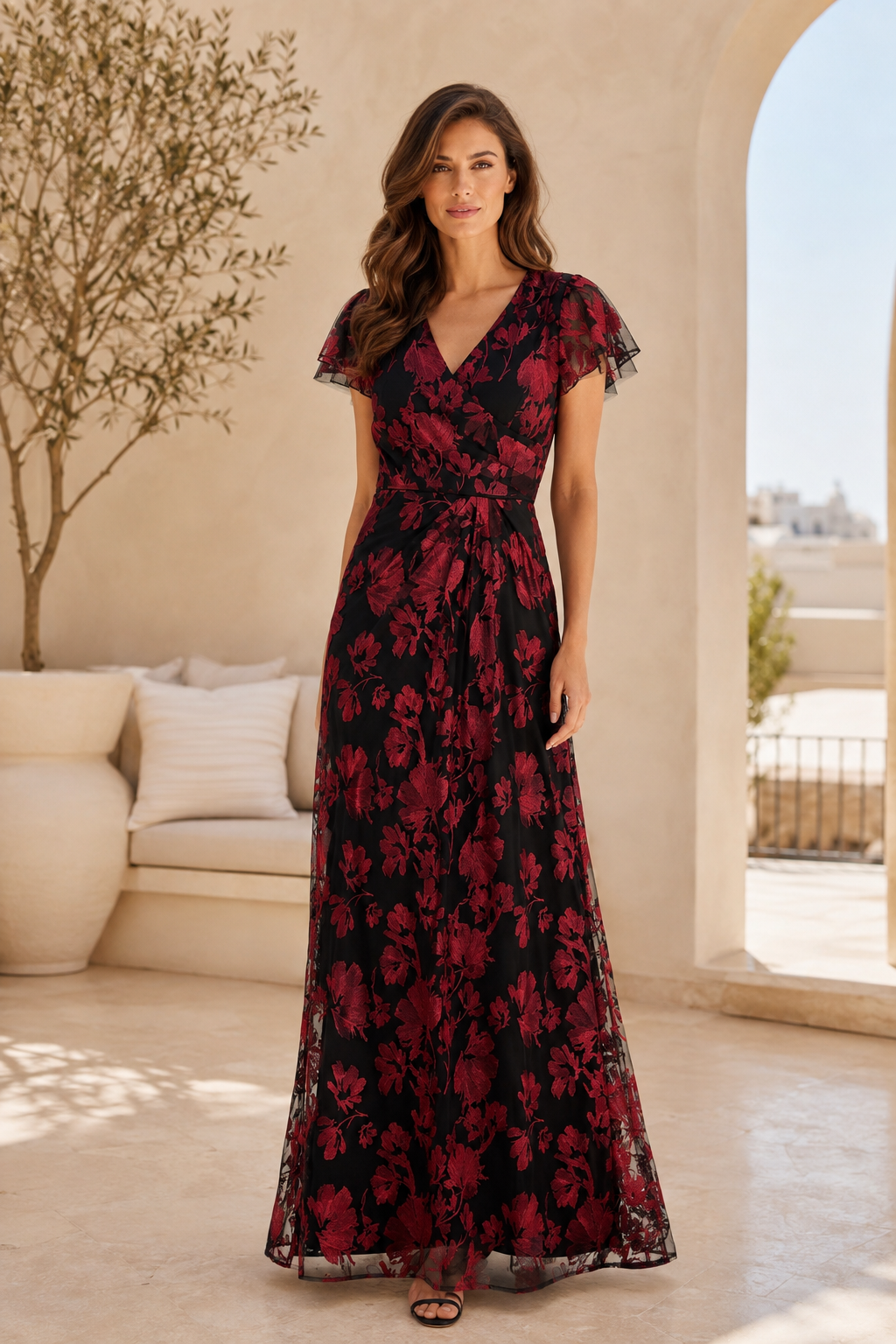 Geblümtes Maxikleid mit V-Ausschnitt und flatternden Ärmeln