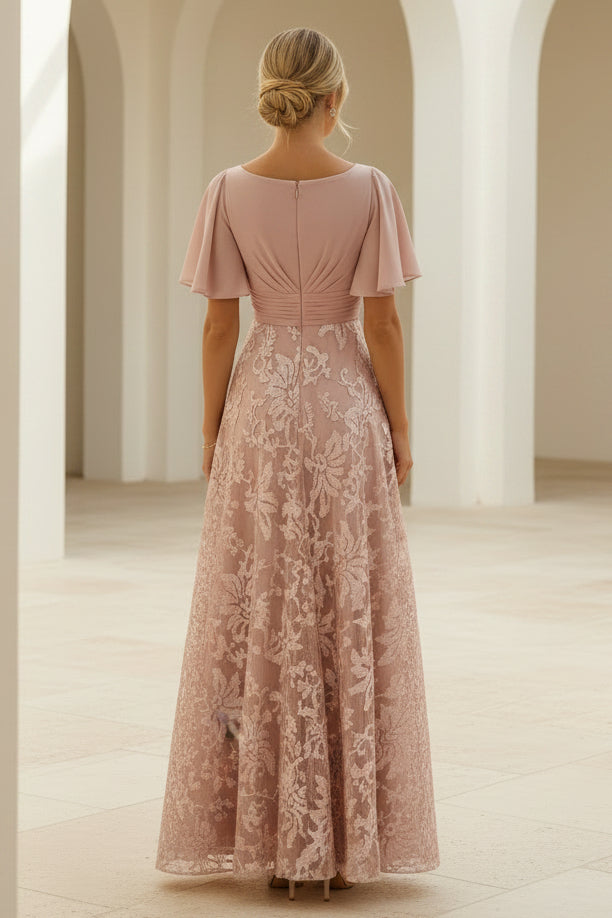 Maxi-Abendkleid mit V-Ausschnitt, Spitze, A-Linie und ausgestellten Ärmeln