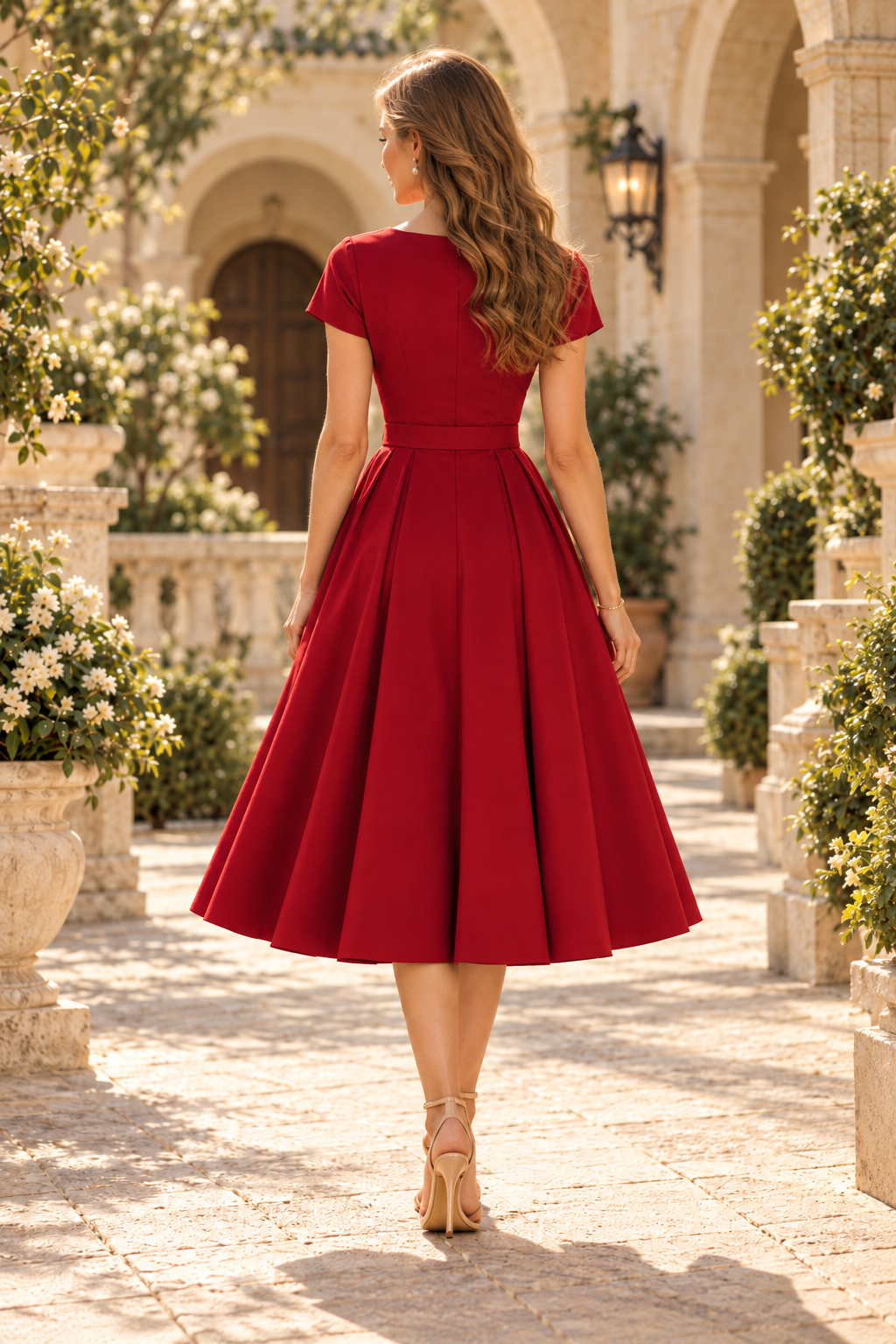 Belted Bateau Midi Dress with Flared Skirt