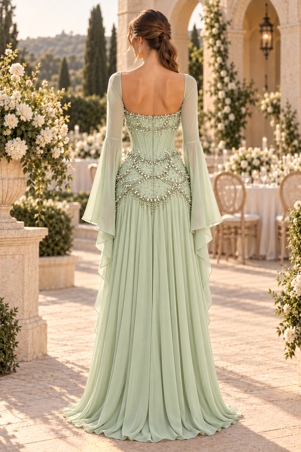 Beaded Corset Evening Gown with Flared Sleeves