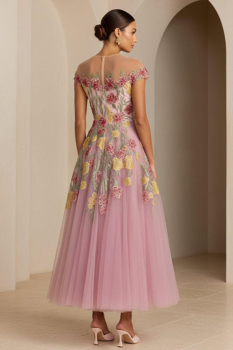 Florales besticktes A-Linien-Tüll-Midikleid