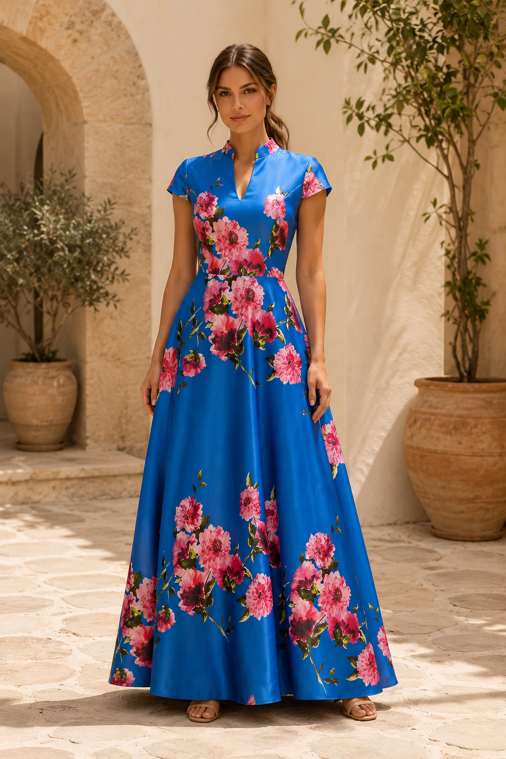 Satin-Maxikleid in A-Linie mit Blumenmuster und Flügelärmeln