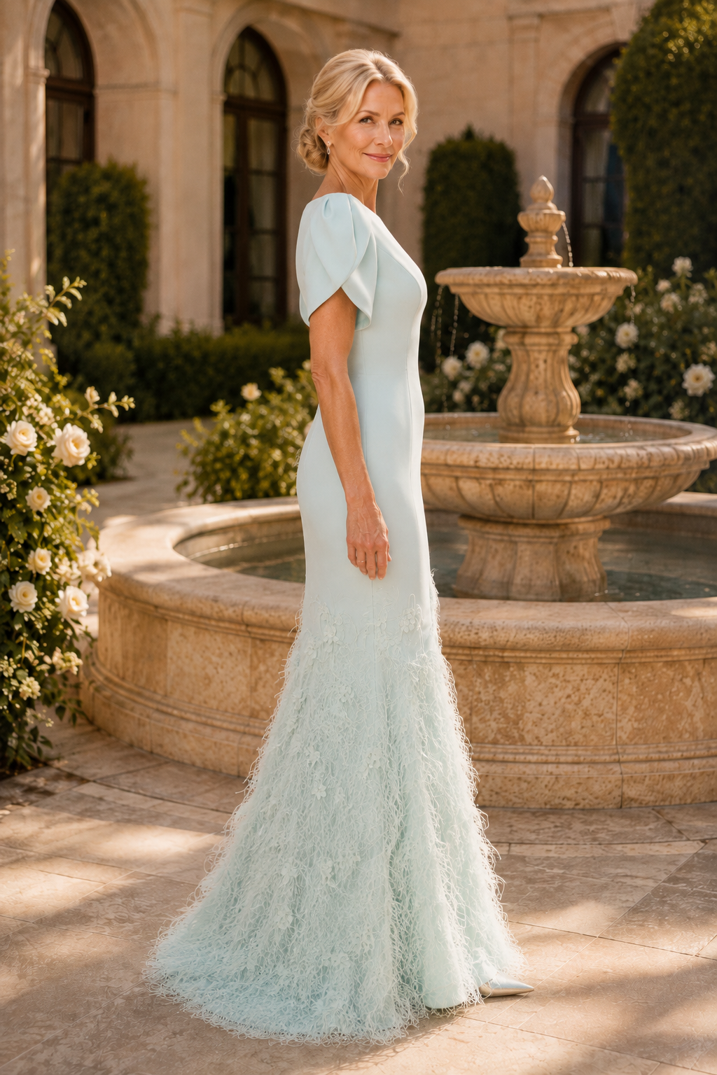 Meerjungfrauenkleid mit flatternden Ärmeln und Federrock