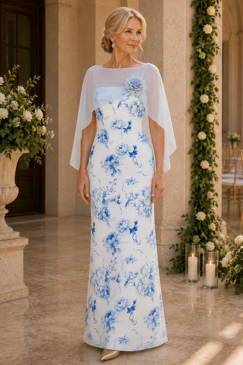 Blumenkleid mit transparenter Capelet