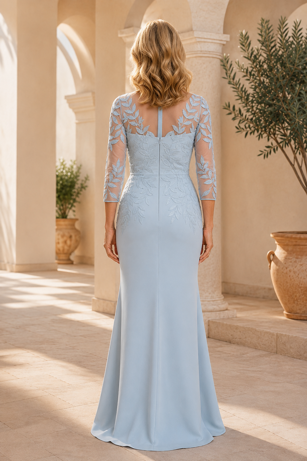 Besticktes Illusions-Abendkleid mit 3/4-Ärmeln und Trompetenschnitt