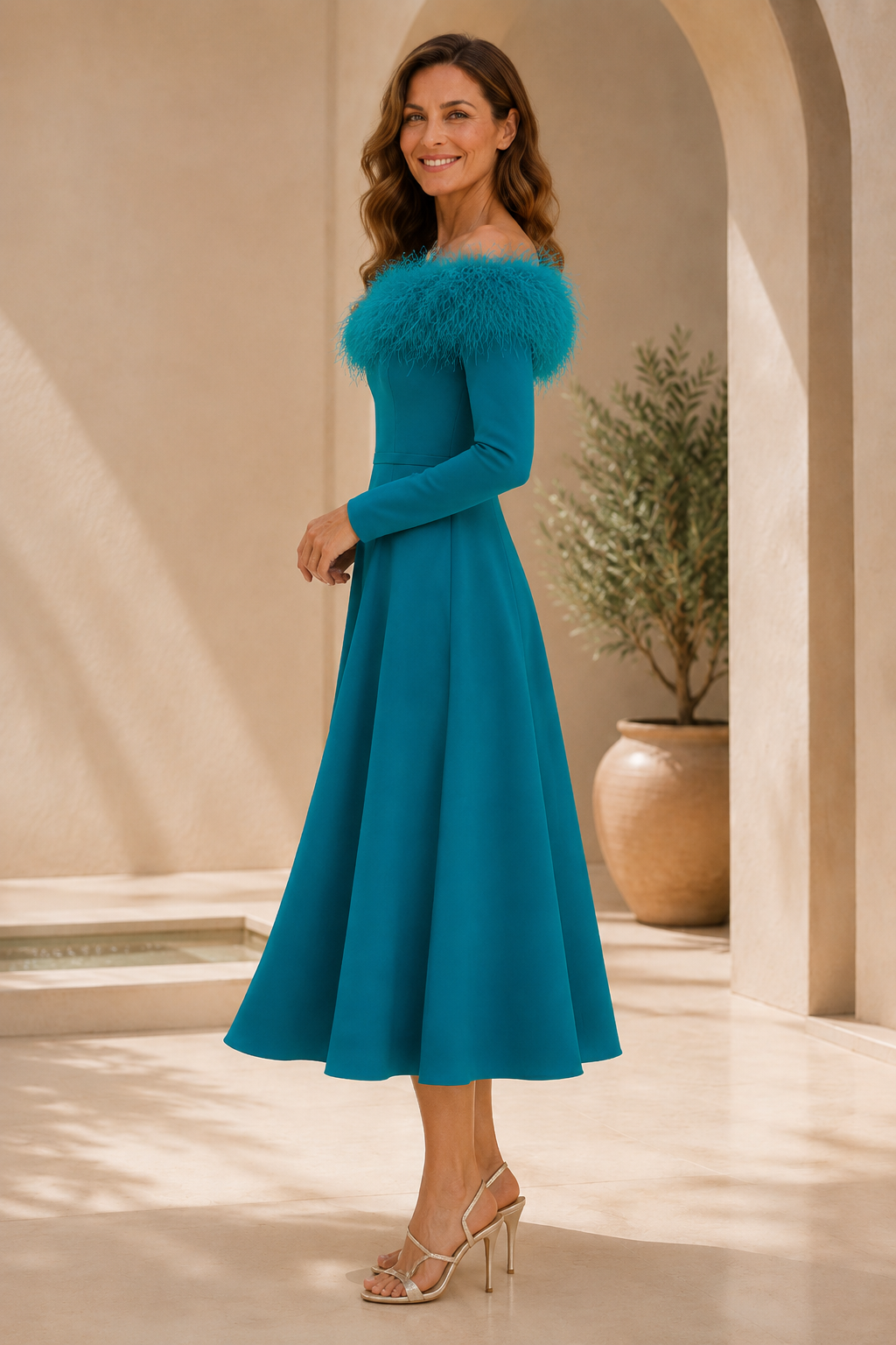 Federbesetztes schulterfreies langärmeliges Midikleid