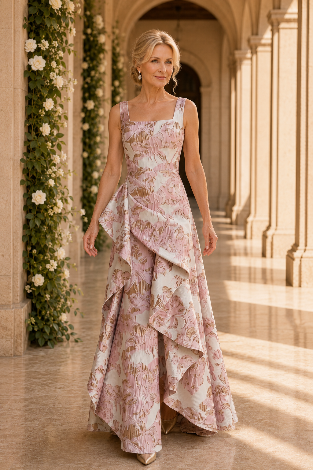 Geblümtes Jacquard-Kleid mit seitlicher Kaskadenrüsche