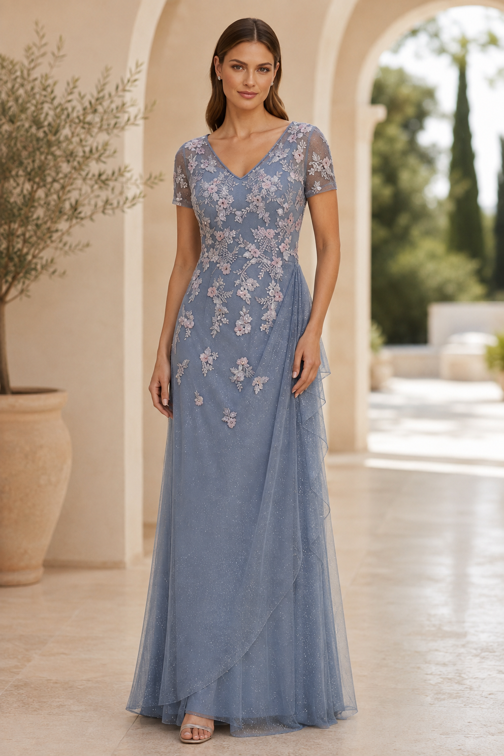 Besticktes geblümtes Glitzer-Abendkleid in A-Linie