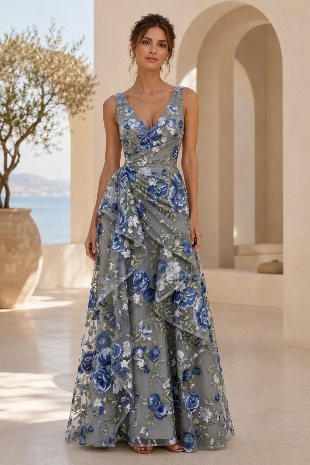Geblümtes, besticktes A-Linien-Kleid mit V-Ausschnitt und Drapierung