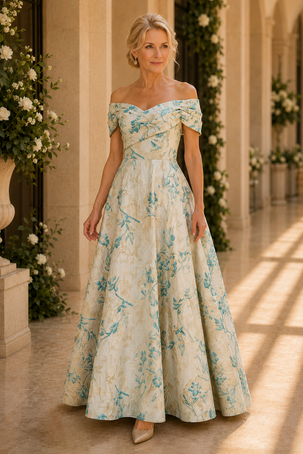 Geblümtes Jacquard schulterfreies A-Linien-Kleid