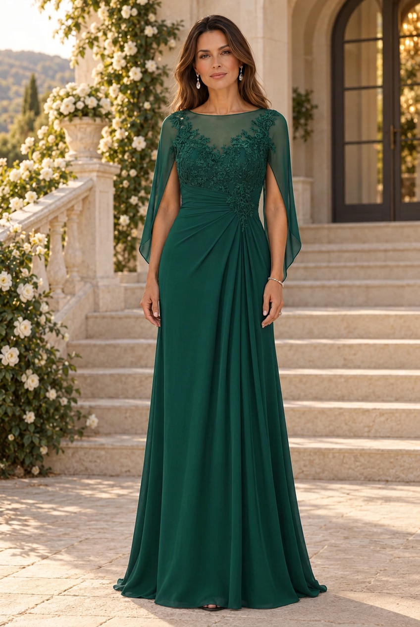 Illusion Neckline Cape Evening Gown with Appliques