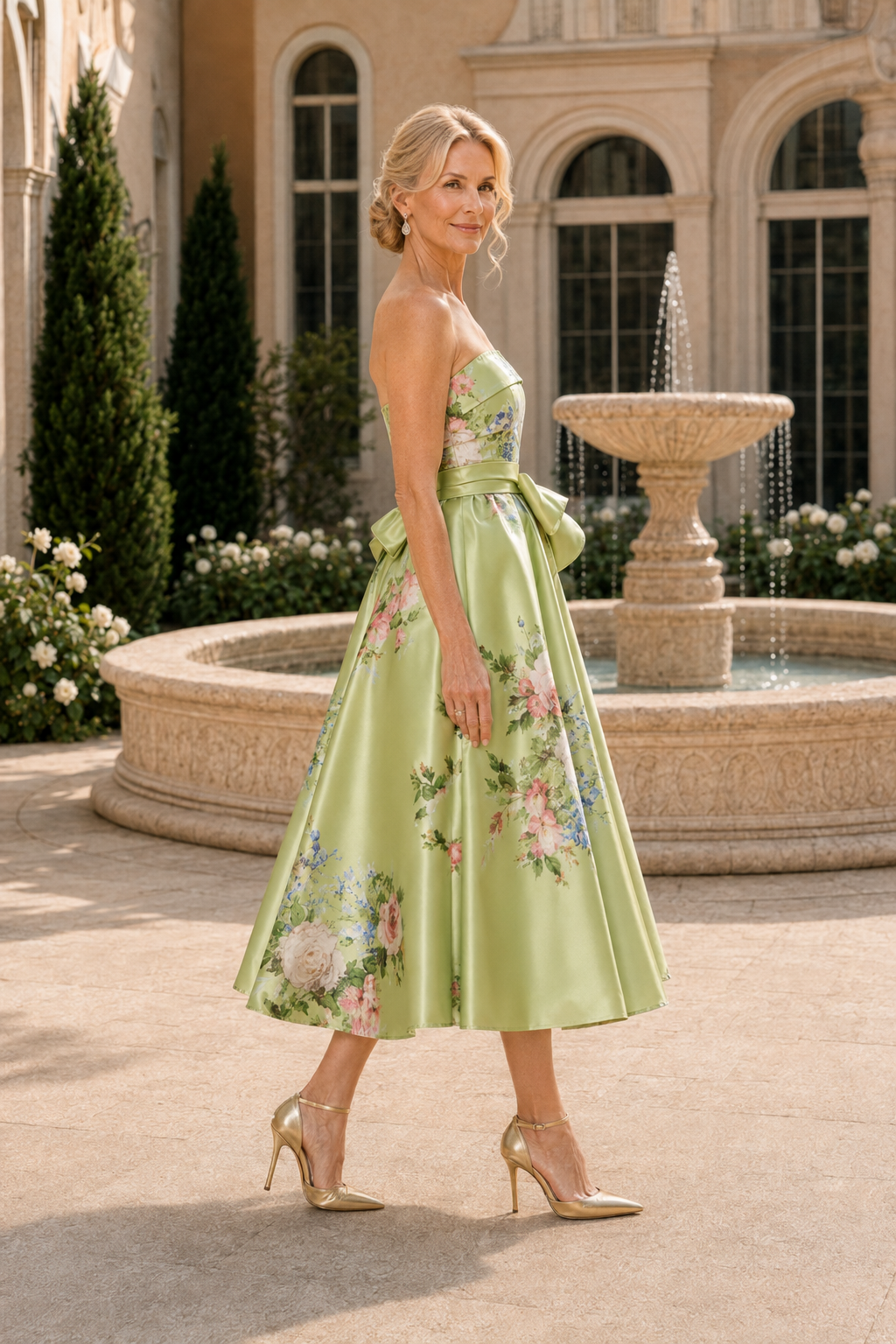 Trägerloses geblümtes Satin-Midikleid