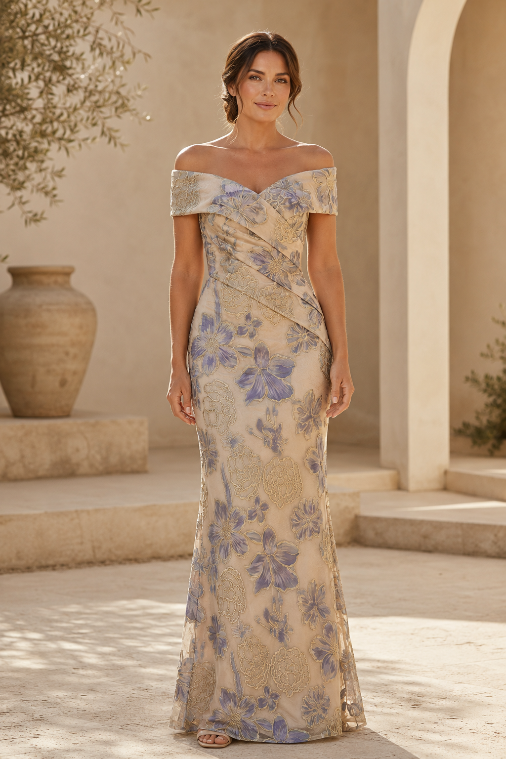 Ärmelloses, plissiertes Blumen-Meerjungfrauenkleid