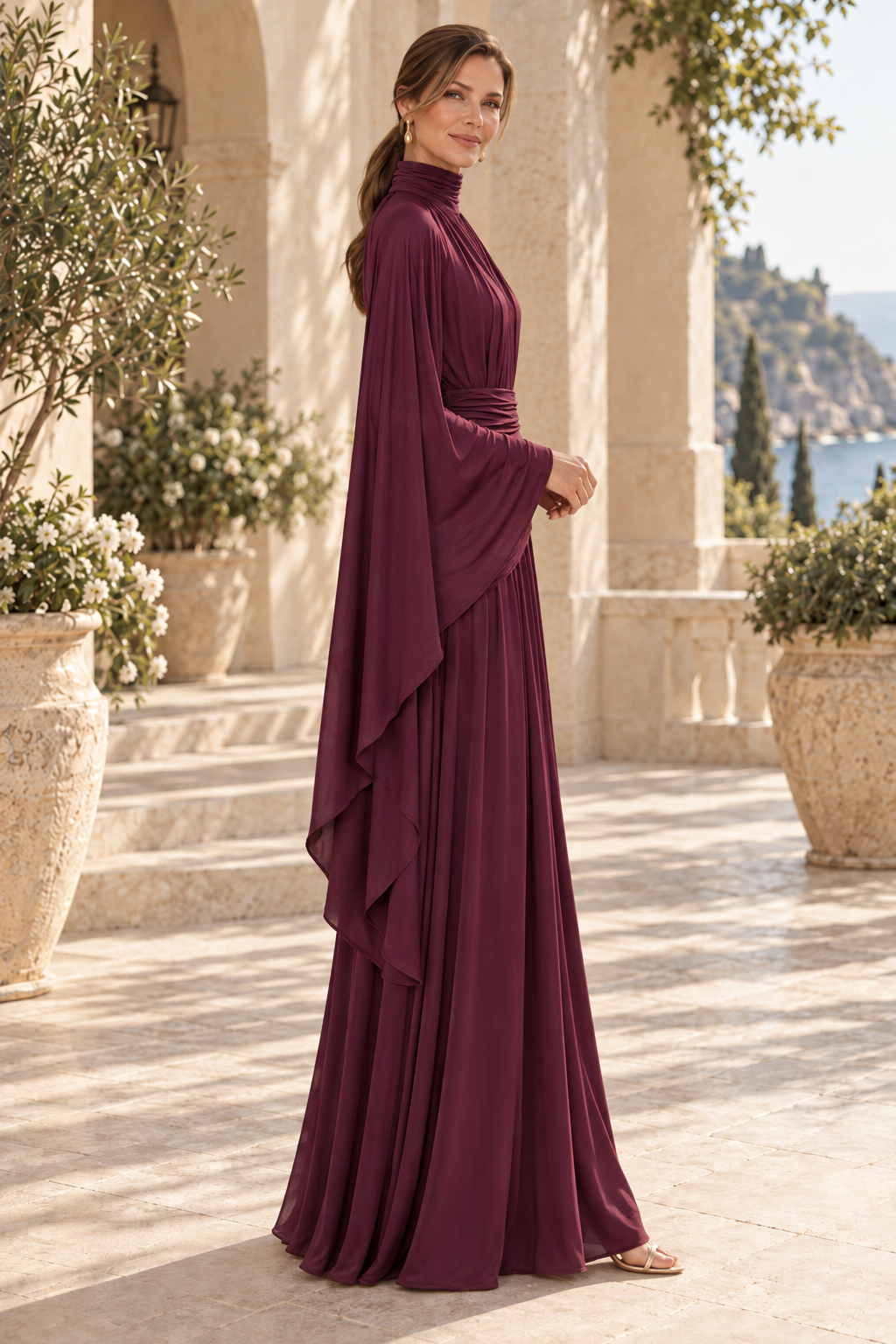 High-Neck Long Sleeve Ruched Evening Gown