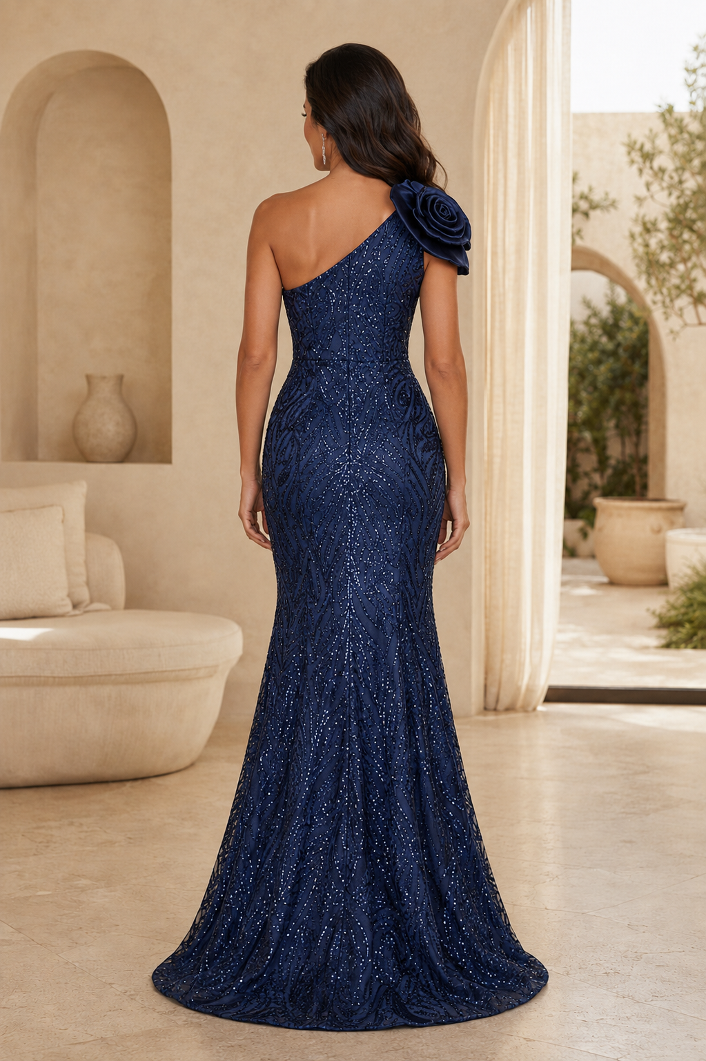 Ein-Schulter-Kleid mit Pailletten-Rüsche und Meerjungfrauen-Schnitt