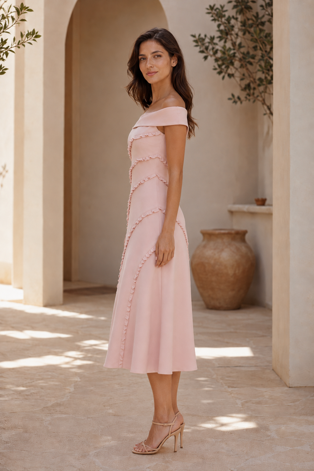 Carmen-Midikleid mit Spiralrüschenbesatz