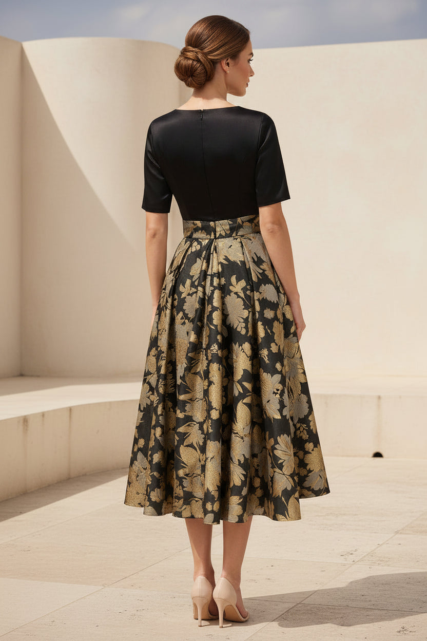 Geblümtes Jacquard A-Linien-Kleid in Teelänge mit Schleife