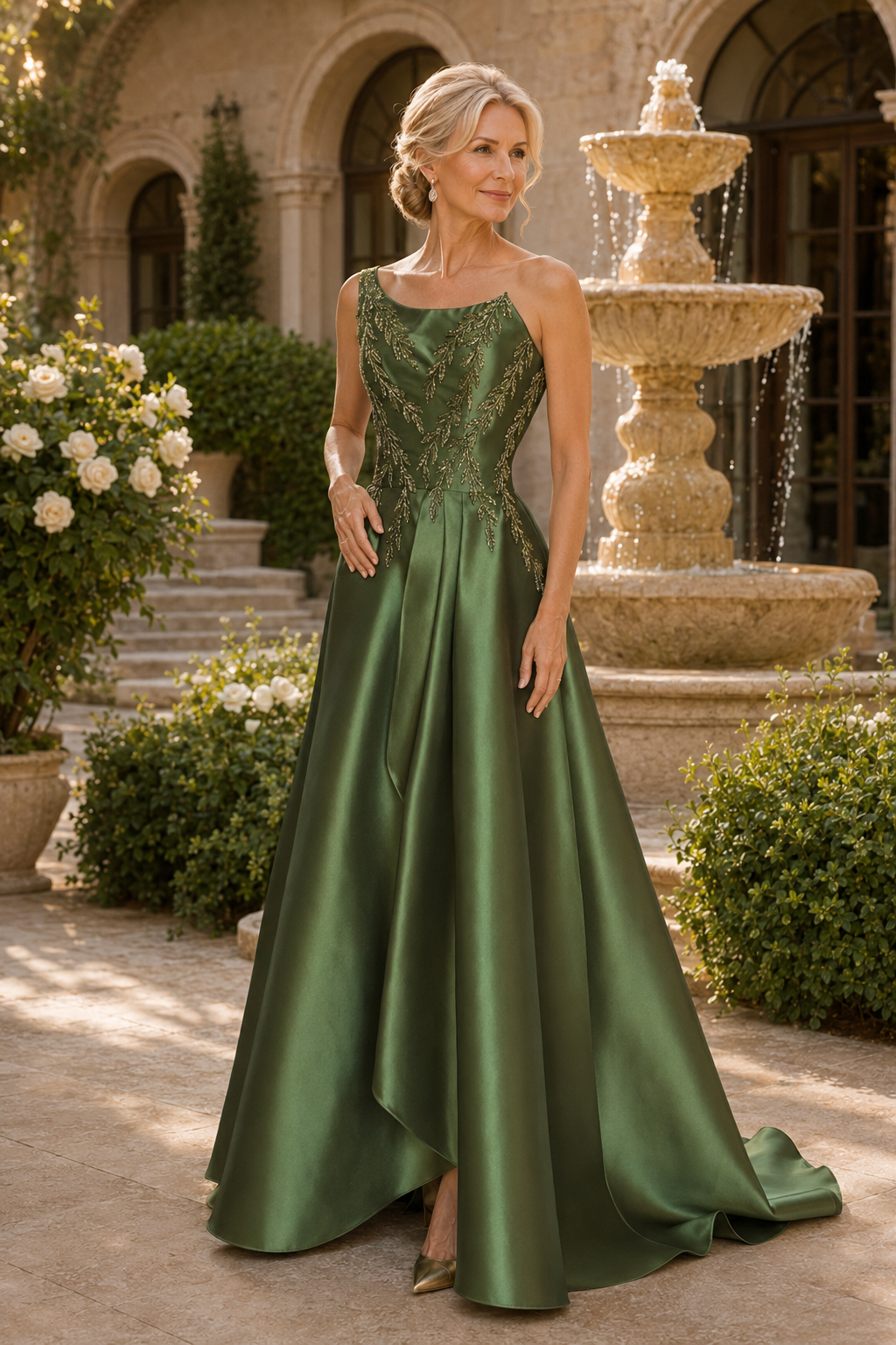 Ein-Schulter-Abendkleid aus Satin mit Perlenstickerei in A-Linie