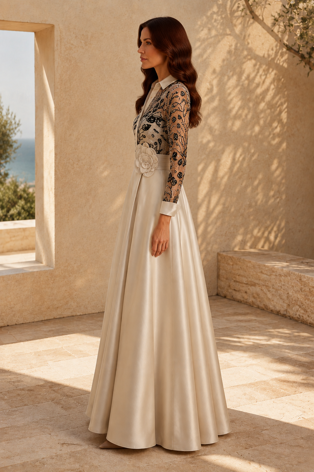 Perlenbesetztes A-Linien-Kleid mit Hemdkragen und 3D-Blumen an der Taille