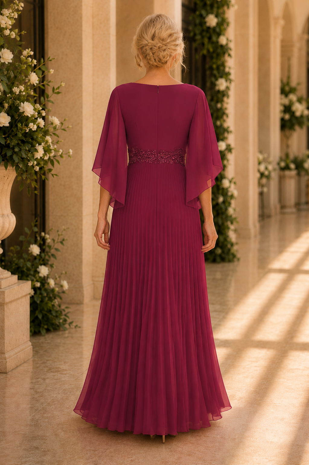 Plissiertes Chiffon-A-Linien-Kleid mit Flatterärmeln