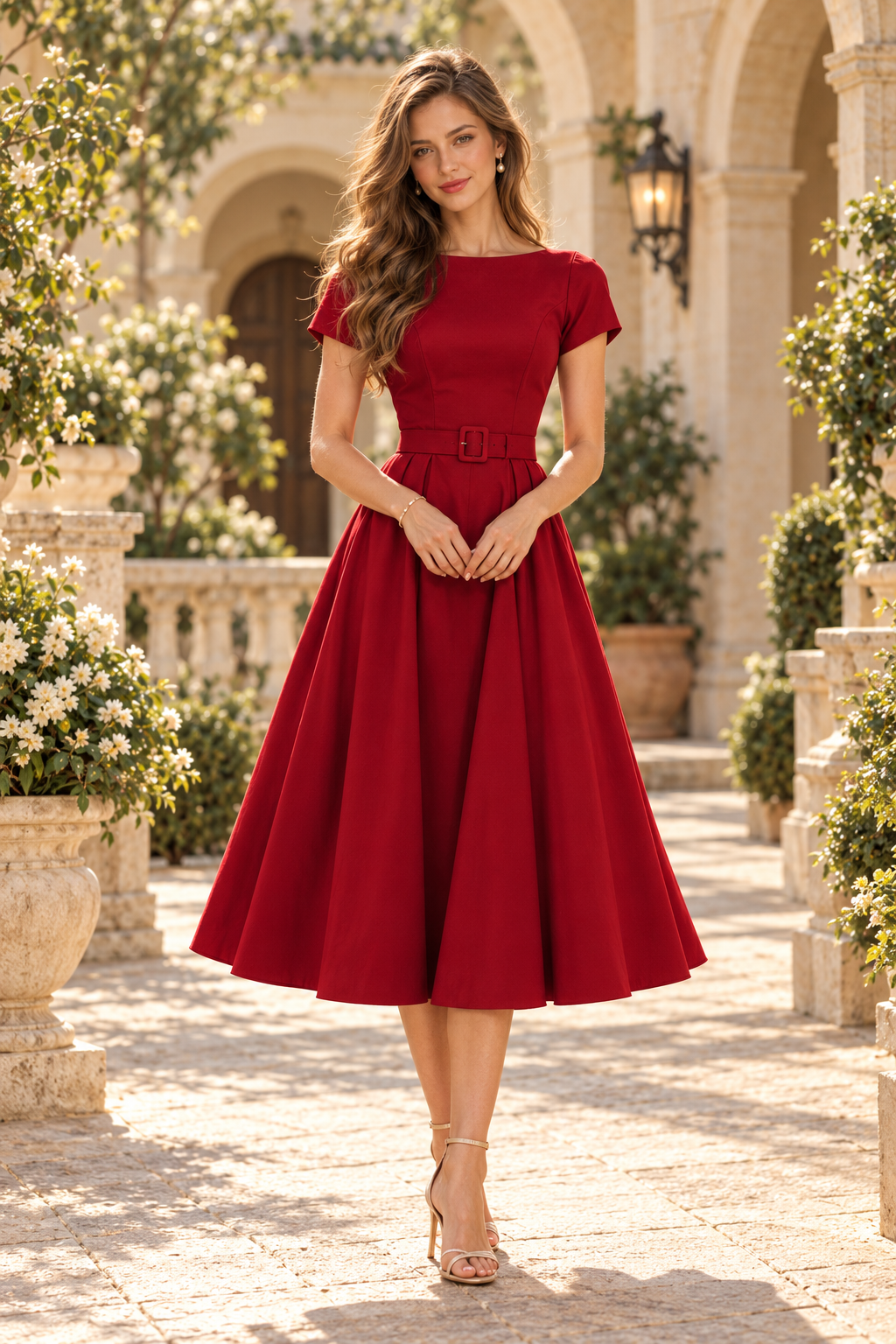 Belted Bateau Midi Dress with Flared Skirt