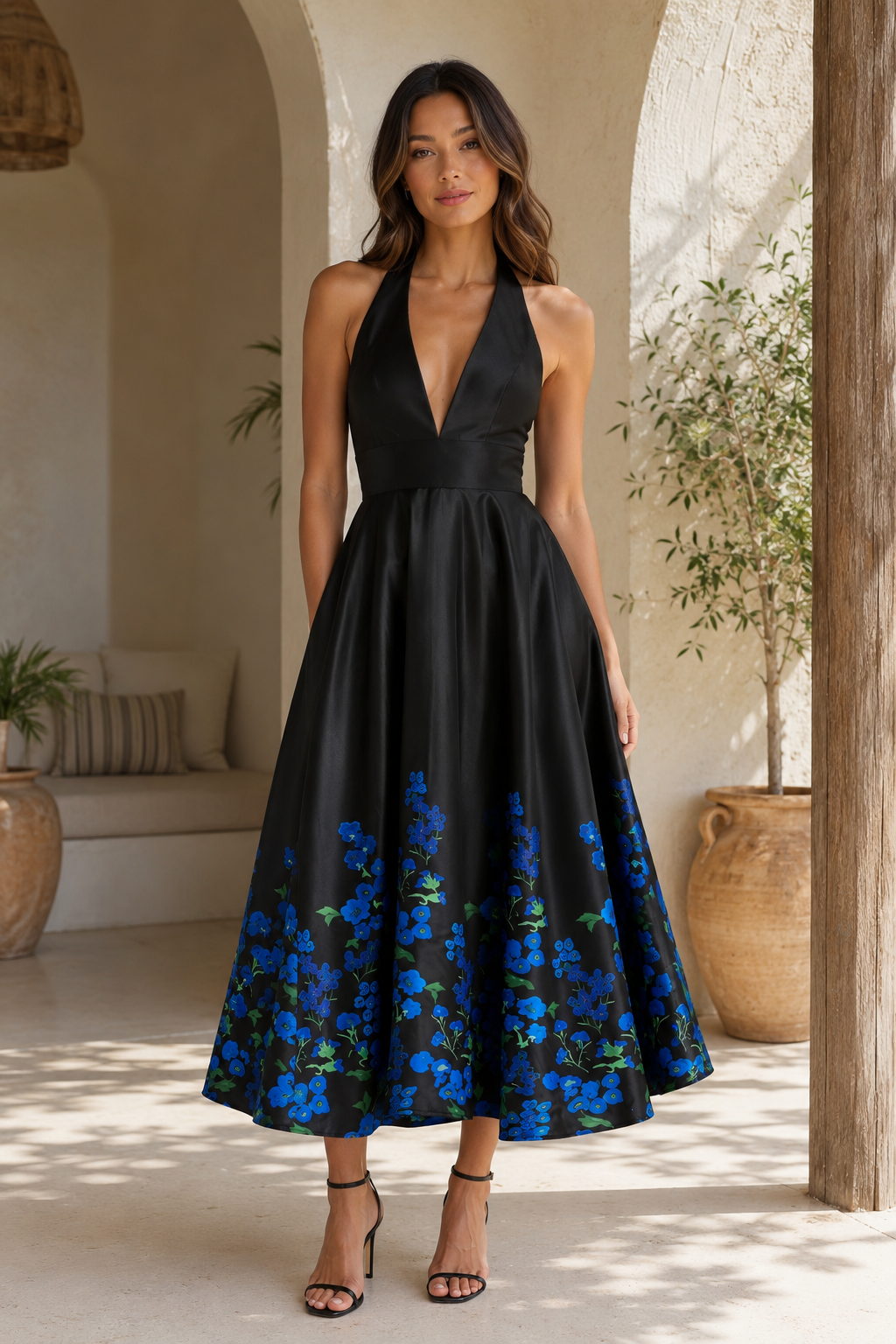 Neckholder V-Ausschnitt Satin-Midikleid mit Blumenmuster