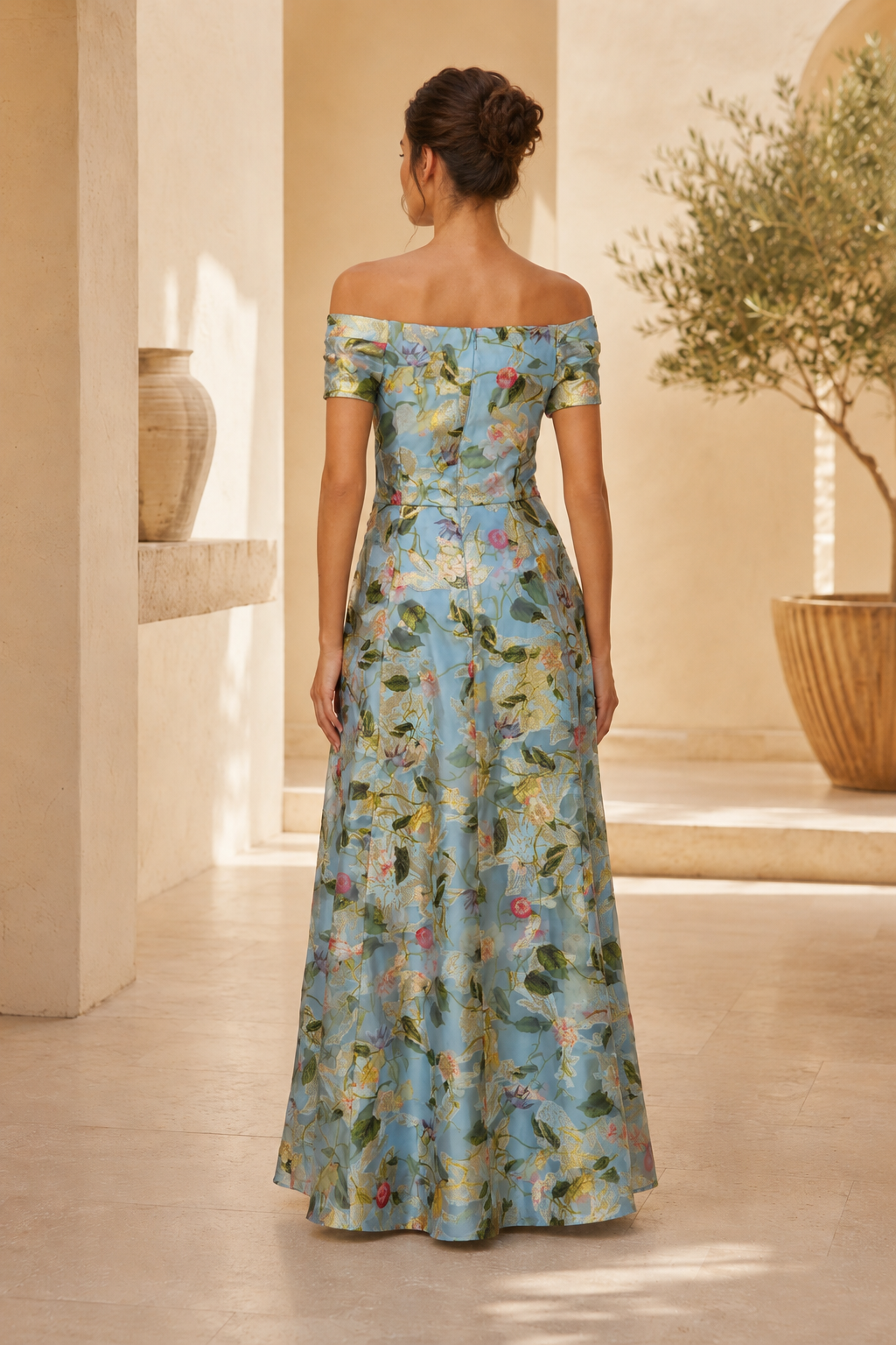 Schulterfreies A-Linien-Maxikleid mit Blumenmuster
