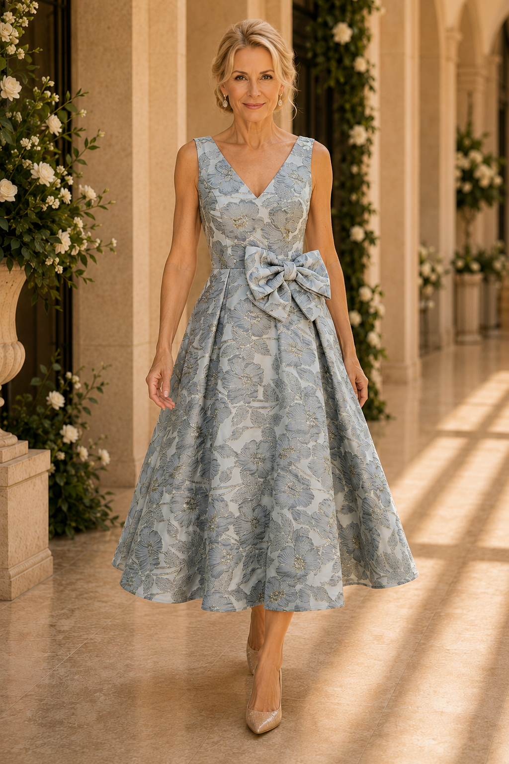 Florales Jacquard-Teekleidlänge mit Schleife
