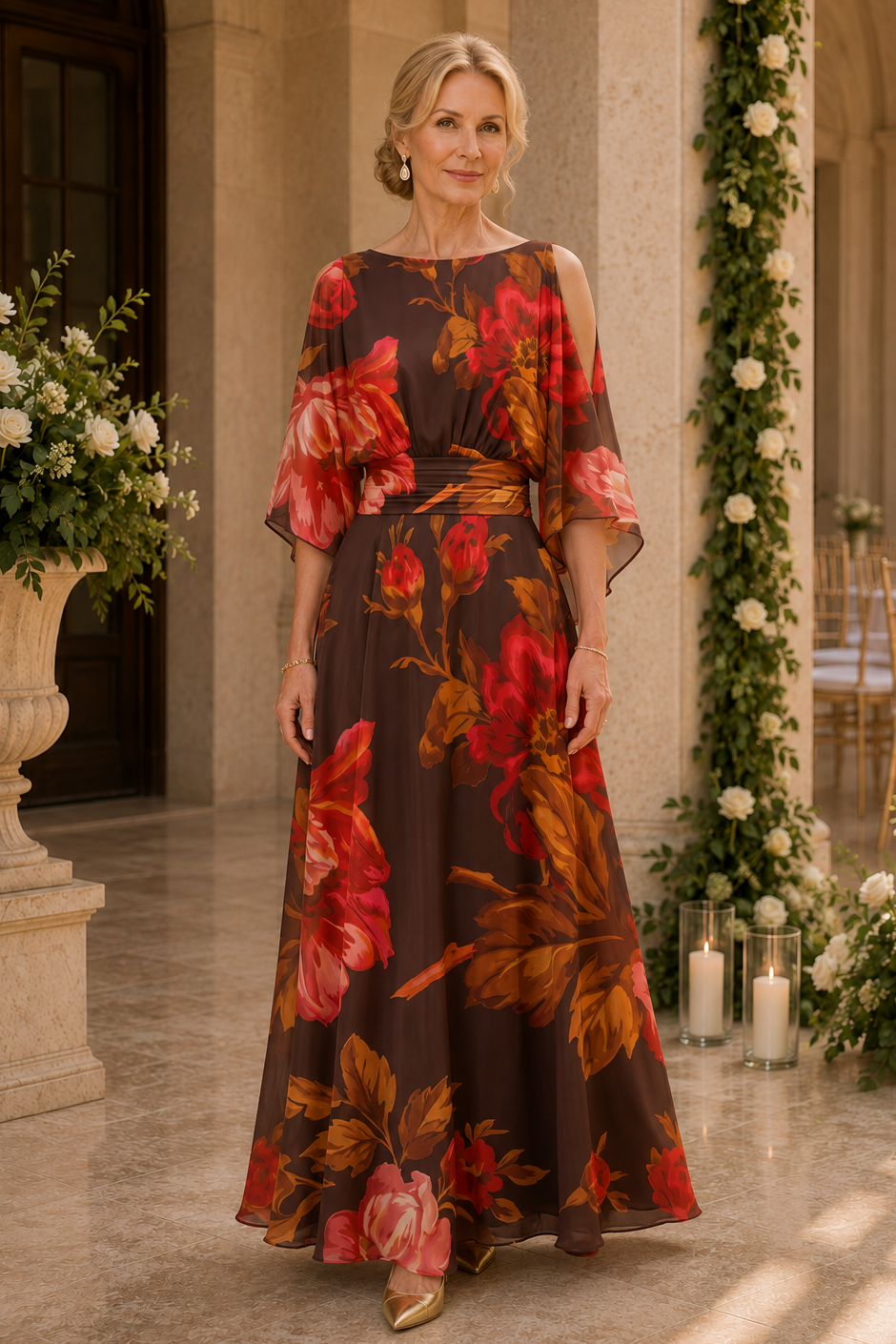 Geblümtes schulterfreies A-Linien-Maxikleid
