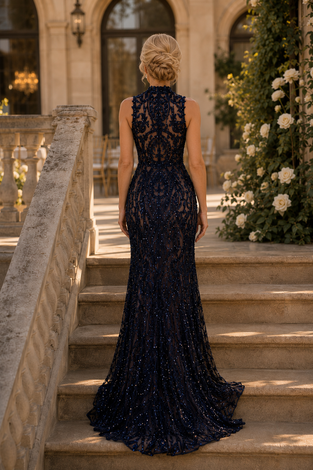 Hochgeschlossenes Meerjungfrauen-Abendkleid mit Paillettenbesatz