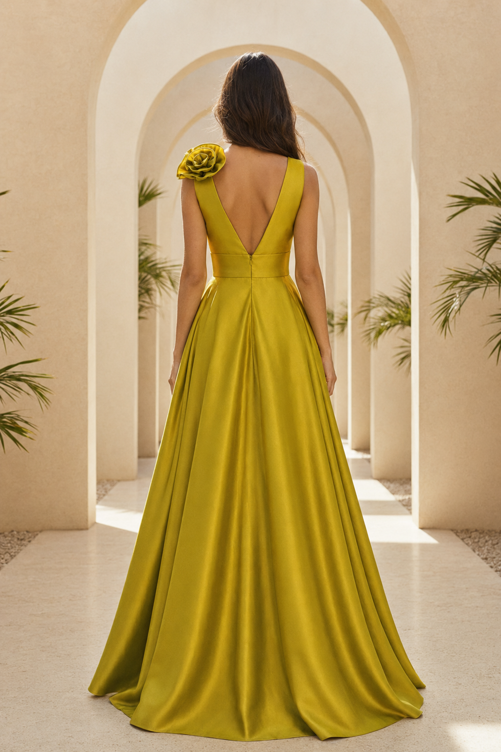 Satin-A-Linienkleid mit 3D-Rosette und Schlitz