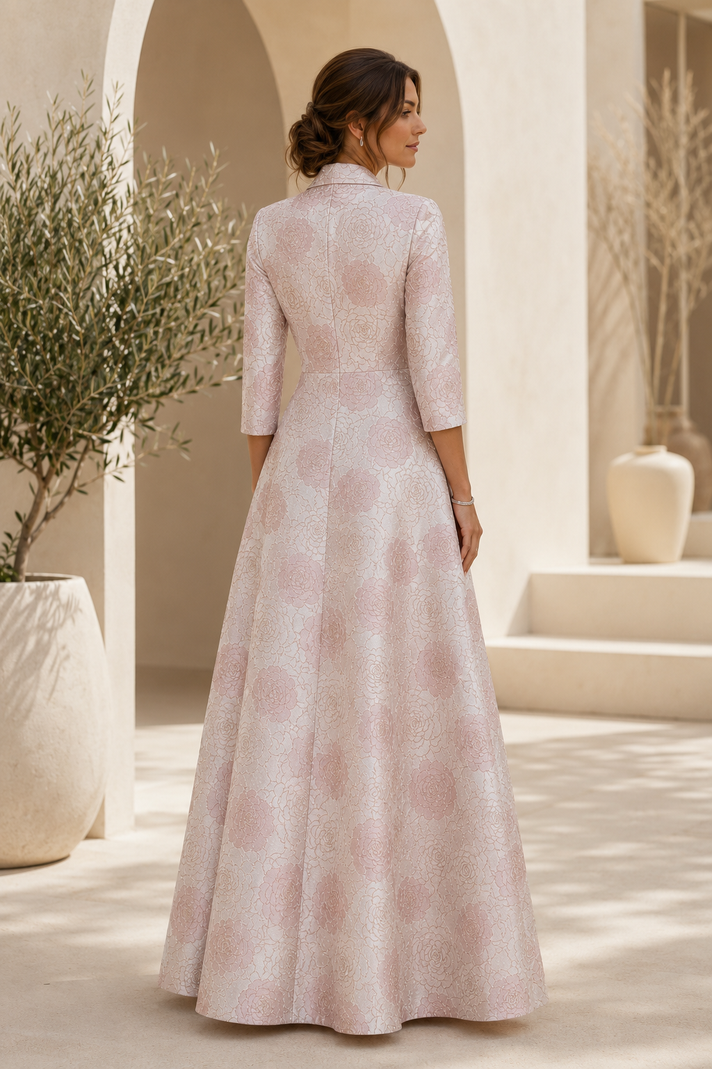 Geblümtes Jacquard A-Linien-Kleid mit 3/4-Ärmeln