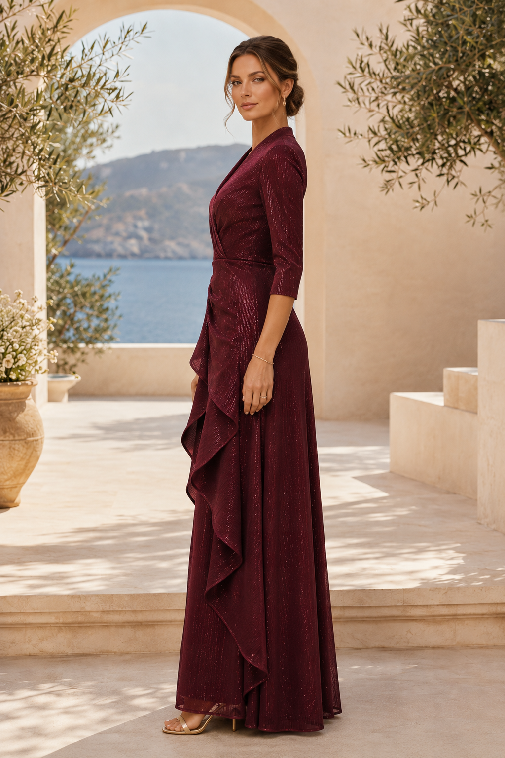A-Linien-Kleid mit 3/4-Ärmeln und seitlicher Kaskadenrüsche