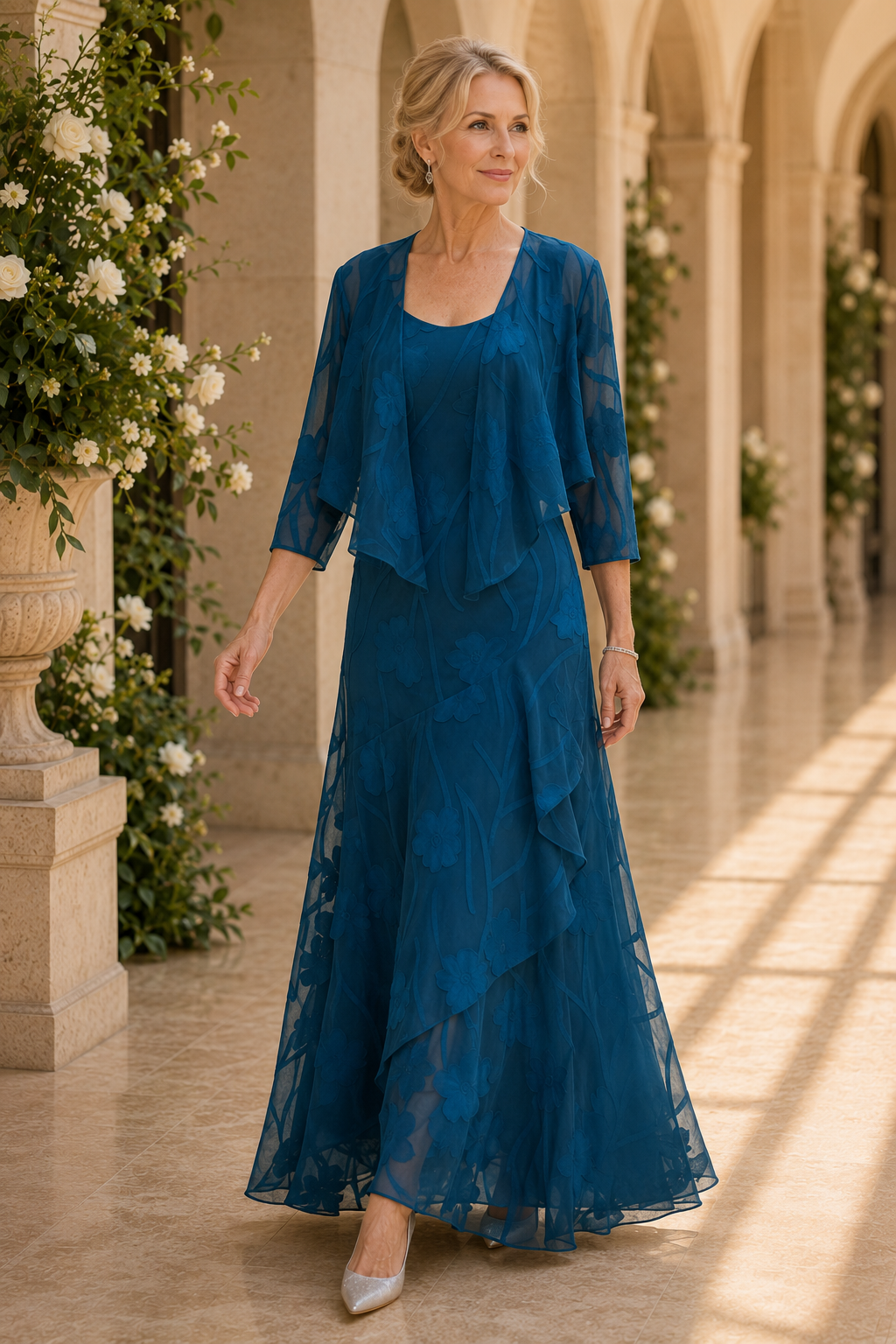 Florales Burnout-Maxikleid mit kurzer Jacke