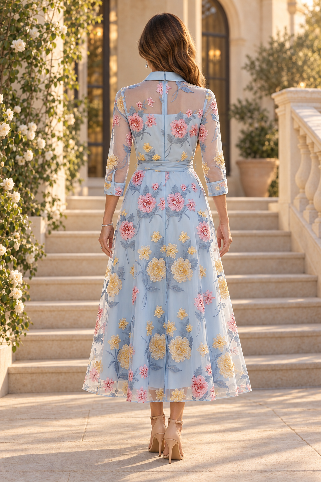 Embroidered Floral Shirt Dress with Belt