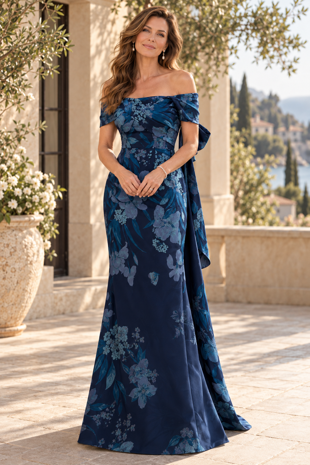 Off-the-Shoulder Floral Gown with Back Bow