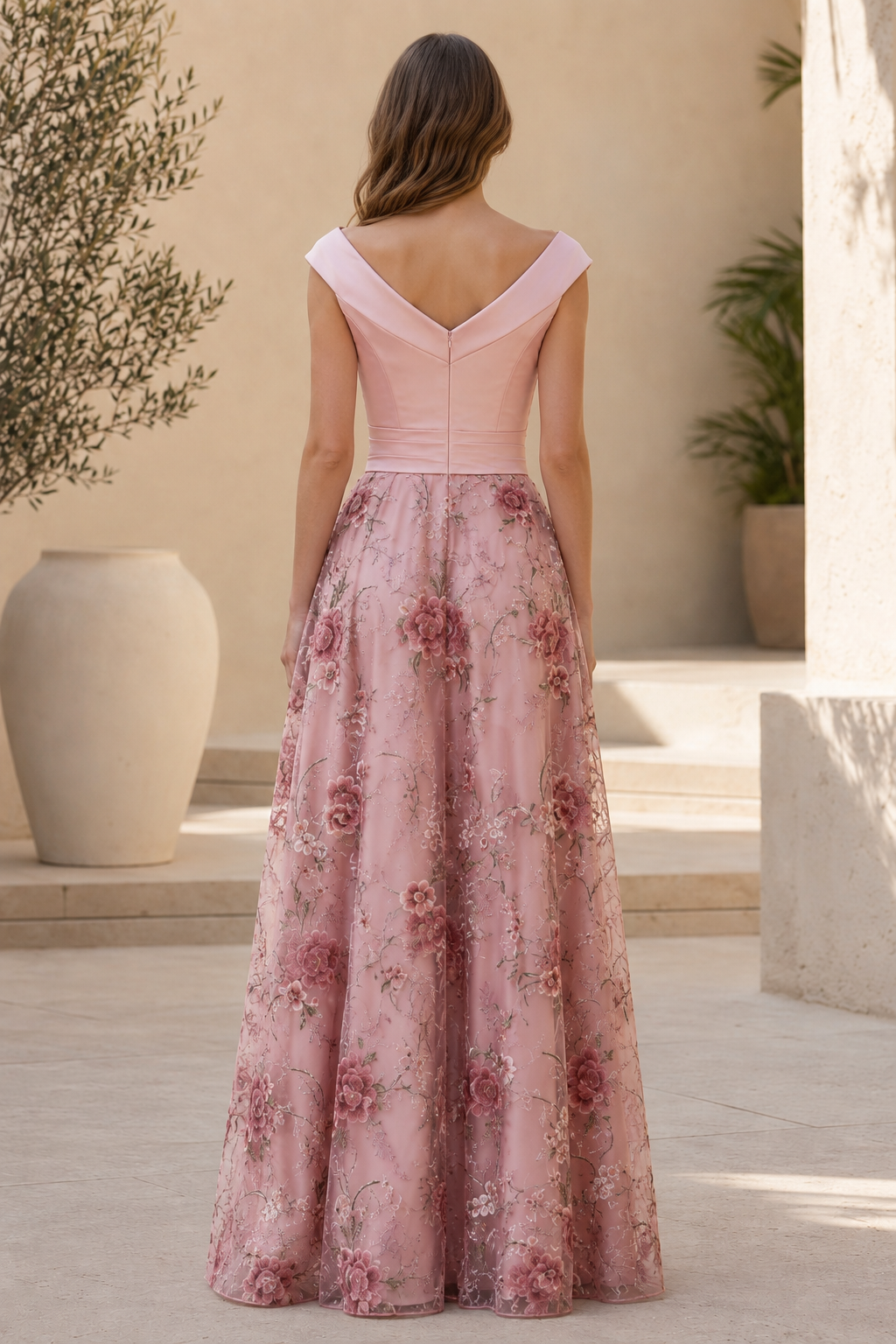 Schulterfreies, geblümtes A-Linien-Abendkleid mit Taschen