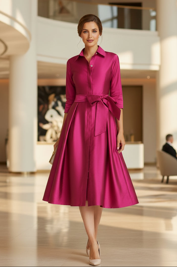 Satinhemdkleid mit Schleifengürtel und Tellerrock
