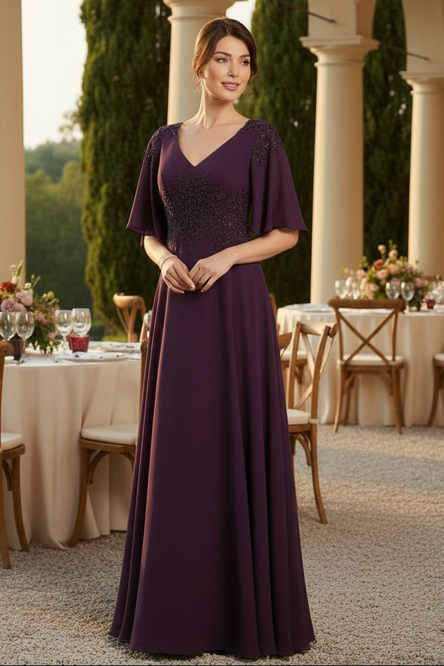 V-Ausschnitt Chiffon Abendkleid mit flatternden Ärmeln