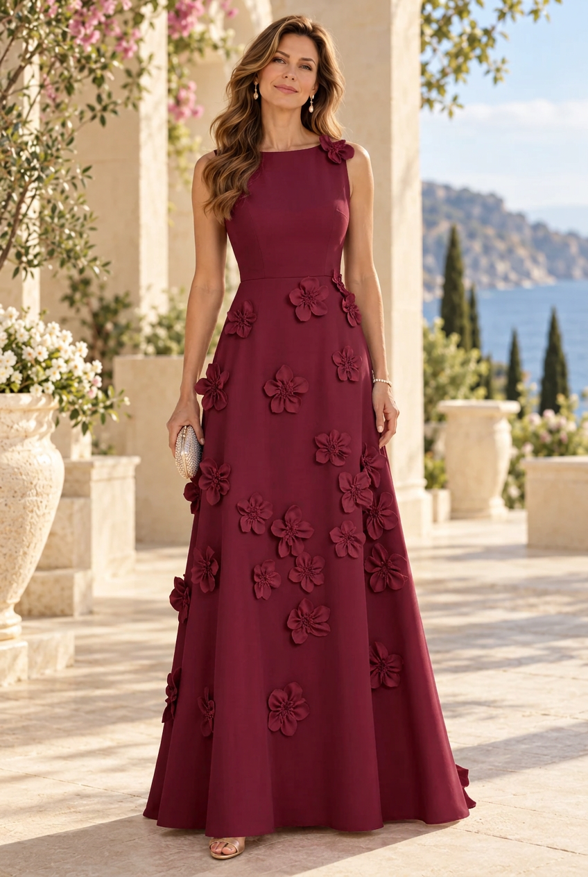 3D Floral Applique Sleeveless A-Line Gown