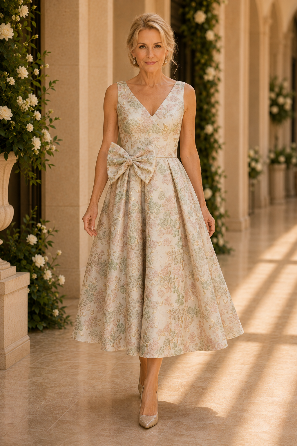 Geblümtes Jacquard-Kleid mit V-Ausschnitt und Schleife, knielang