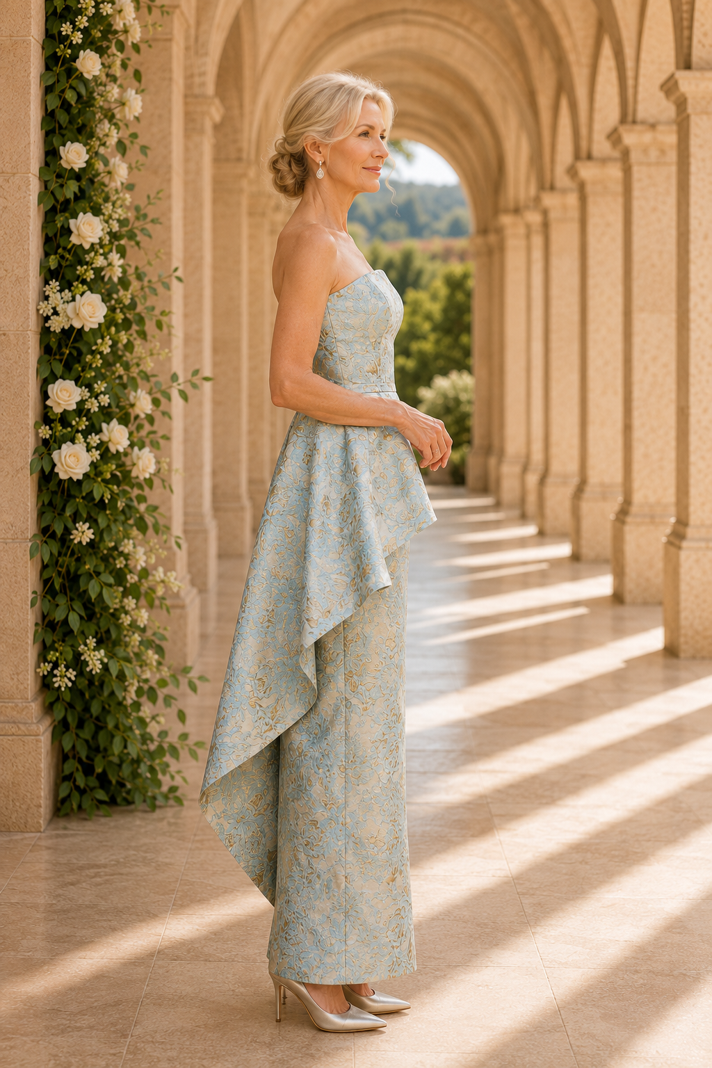 Trägerloses Jacquard-Säulenkleid mit Stufenschößchen