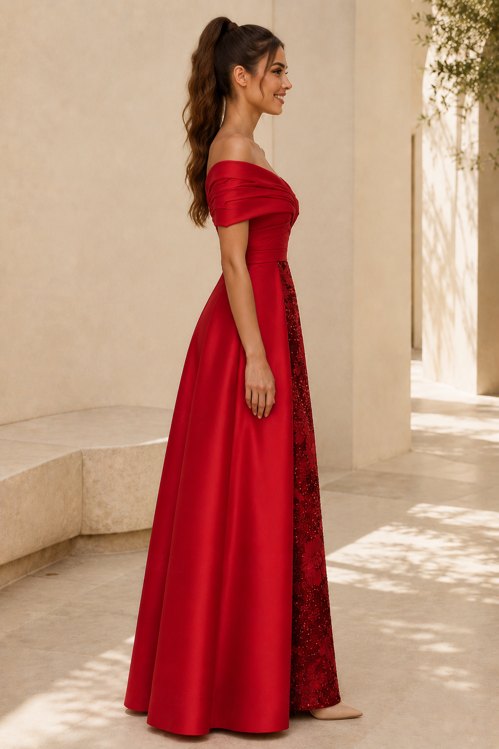 Off-the-Shoulder-Kleid mit floralem Paillettenrock