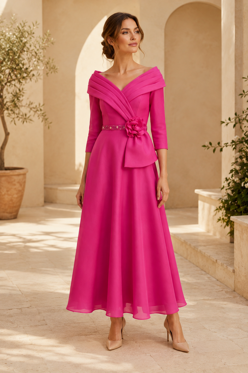 Porträtausschnitt A-Linien-Kleid mit Rosette
