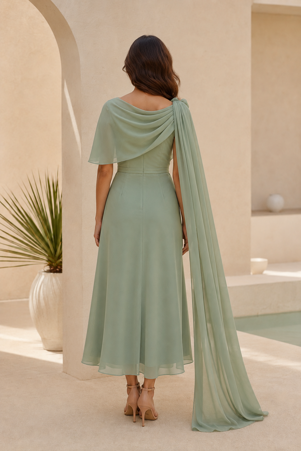 Chiffonkleid in Teelänge mit Cape-Ärmeln und Wasserfallausschnitt