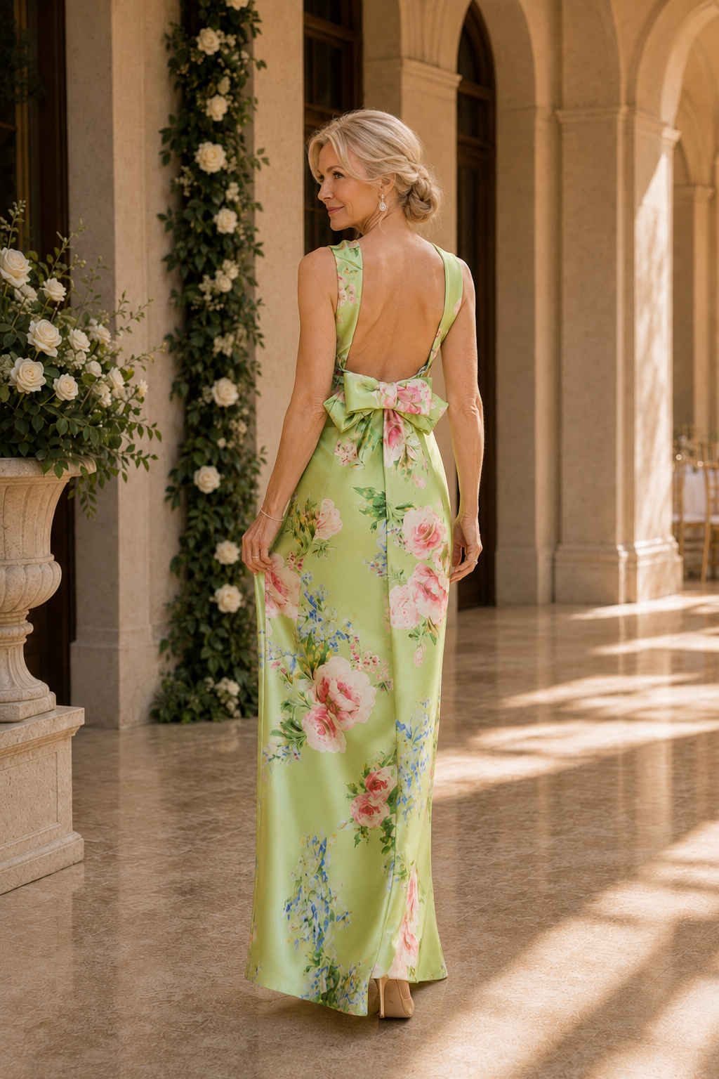 Geblümtes Maxikleid mit hohem Kragen und Schleife